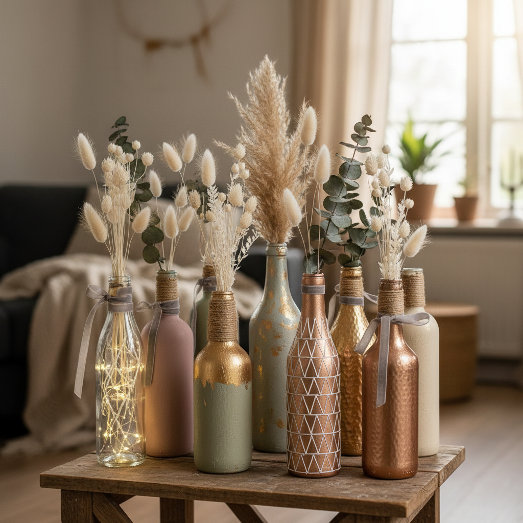 Collection de vases DIY faits à partir de bouteilles de vin : finitions pastel, dorées, texturées avec de la ficelle et une bouteille lumineuse avec des LED.