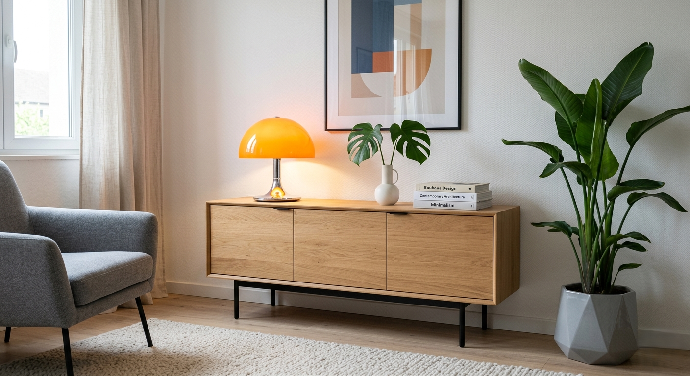 On y voit un coin salon moderne et épuré, où une lampe champignon vintage des années 70 (pièce forte) rayonne sur un buffet contemporain, à côté d'une petite pile de livres d'art et d'une plante verte design.