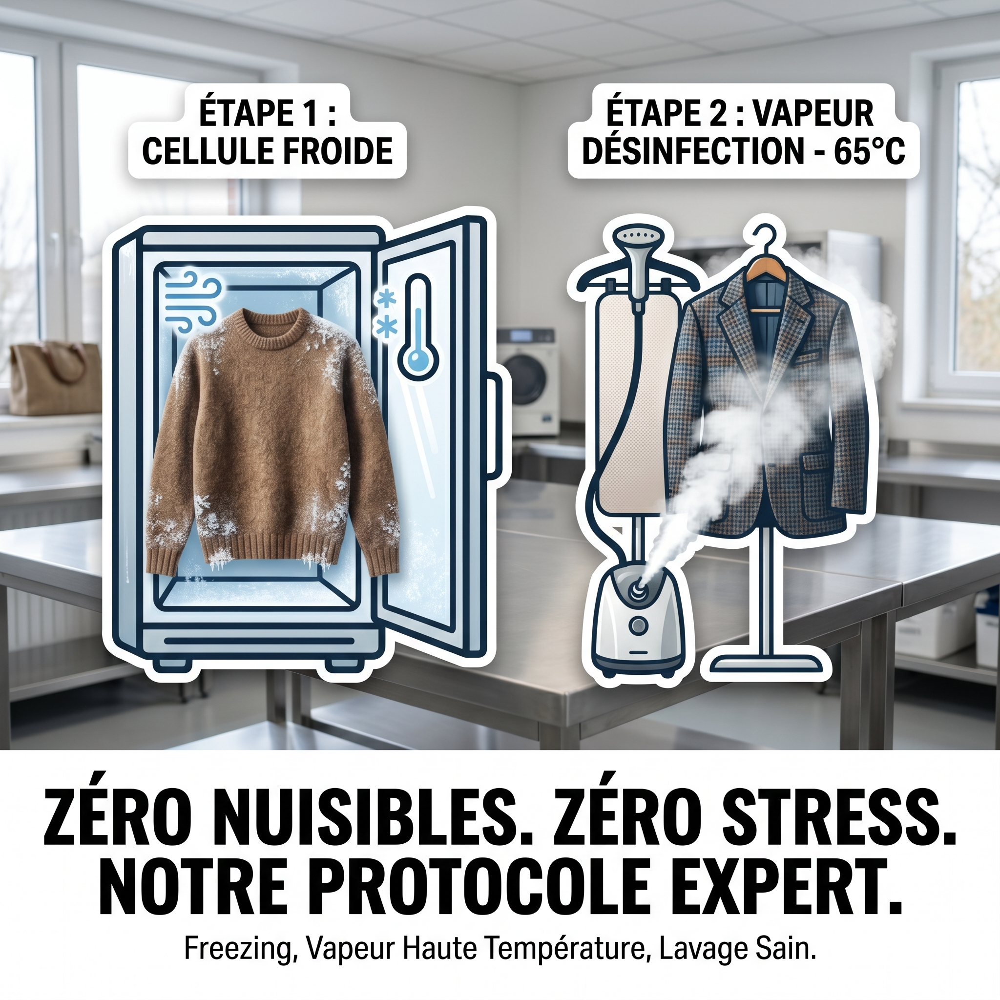 présentant un protocole de soin textile en deux étapes. À gauche, une icône de cellule de congélation montre un pull en laine givré. À droite, un défroisseur vapeur professionnel traite une veste en tweed. 