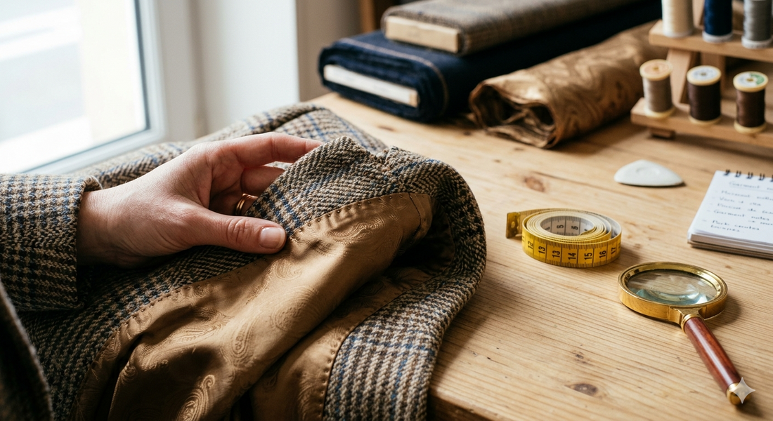 Un gros plan esthétique et lumineux sur une main examinant la couture intérieure impeccable d'une veste en tweed vintage. On voit la précision des points de couture et une belle doublure en soie. 