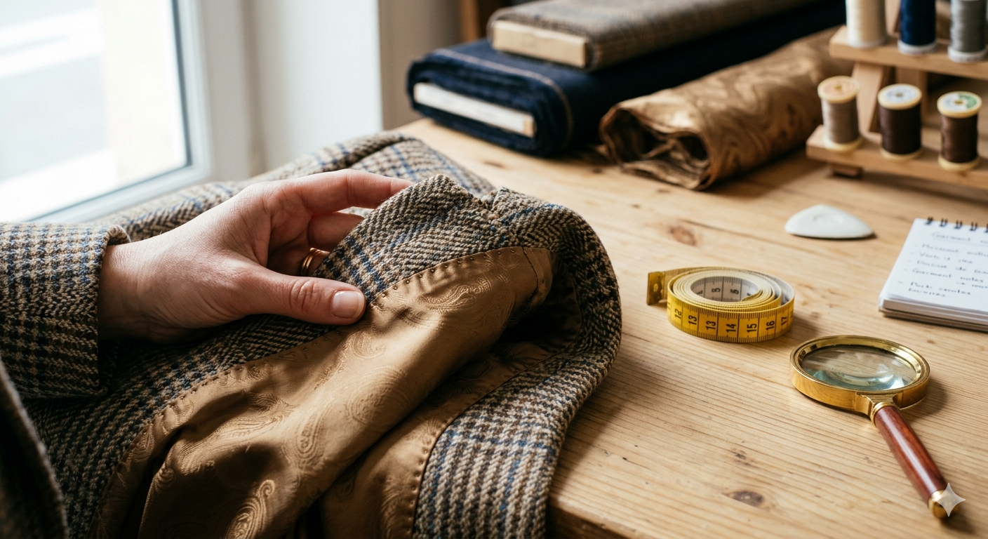 Un gros plan esthétique et lumineux sur une main examinant la couture intérieure impeccable d'une veste en tweed vintage. On voit la précision des points de couture et une belle doublure en soie. 