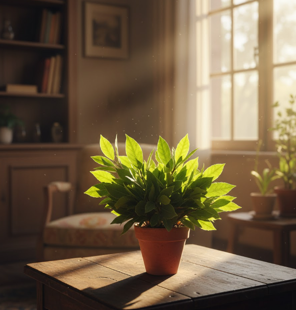 Bouquet de laurier-sauce frais dans un pot en terre cuite, posé sur une table en bois près d'une fenêtre lumineuse.