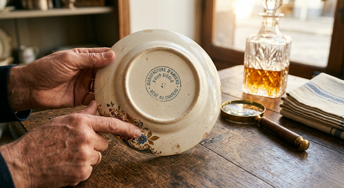 Un gros plan montre deux mains tenant le dessous d'une assiette en céramique ancienne sur une table en bois rustique. Un tampon circulaire bleu à l'encre est visible avec l'inscription lisible.