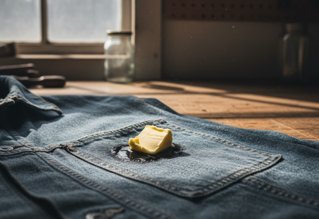 Noisette de beurre posée sur une tache de cambouis sur la poche d'une veste en denim vintage.