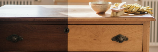 Meuble en bois sombre avec une zone éclaircie, montrant le contraste. Bol d'eau oxygénée et pinceau.