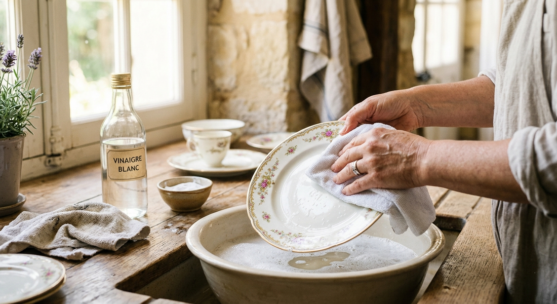 Gros plan lumineux : une main délicate polit une assiette en porcelaine ancienne aux motifs floraux avec un chiffon microfibre blanc, dans une cuisine de campagne ensoleillée.