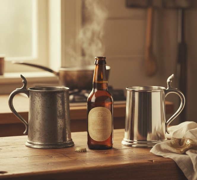 2 Chopes en étain (terne et brillante) posées à côté d'une bière ambrée.