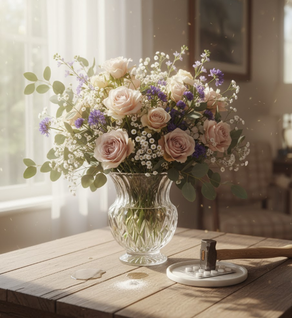 Beau bouquet de fleurs dans un vase, avec une tablette d'aspirine et un marteau sur une table en bois.