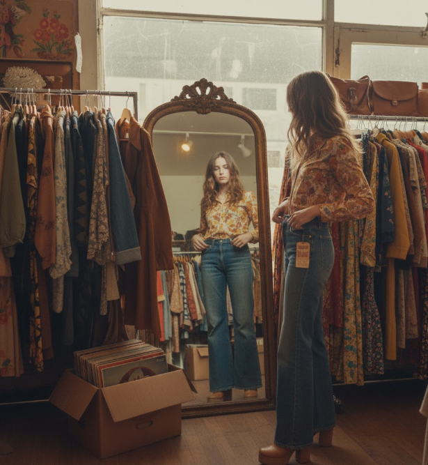 Femme en jean flare vintage se regardant dans un miroir de friperie.