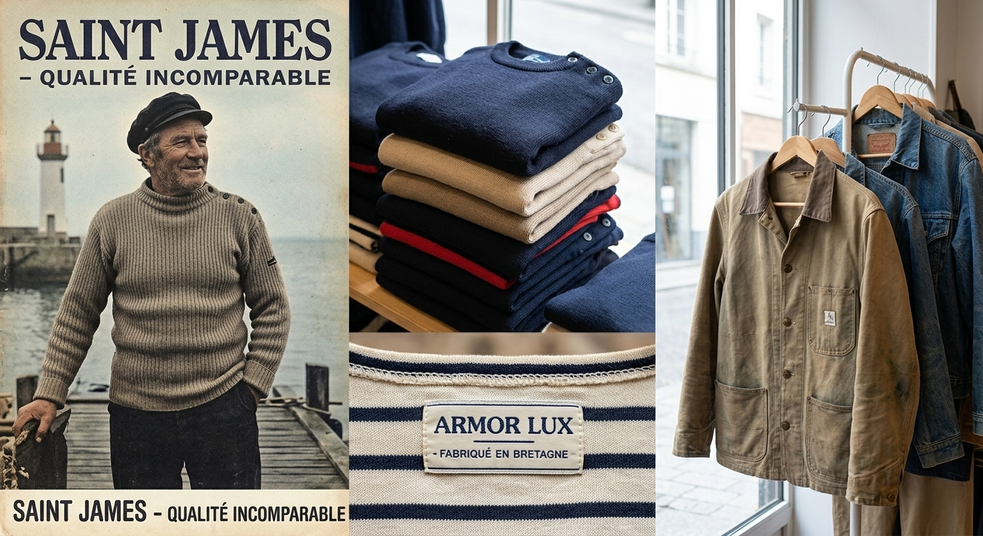 Collage sur le thème des marques vintage de qualité : une publicité vintage Saint James avec un marin, une pile de pulls marins en laine, un gros plan sur une étiquette Armor Lux et une veste de travail rustique (workwear) sur un portant