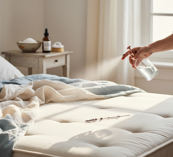 Main vaporisant un mélange sur un matelas blanc et beige avec des draps clairs. Bicarbonate et huile essentielle en arrière-plan.