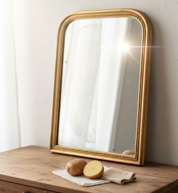 Miroir vintage partiellement nettoyé et brillant, avec une pomme de terre coupée et un chiffon.