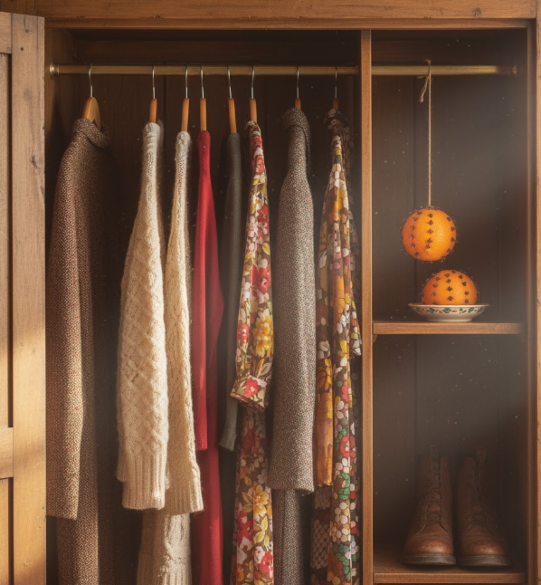 Placard vintage ouvert avec des vêtements, et deux oranges piquées de clous de girofle suspendues.