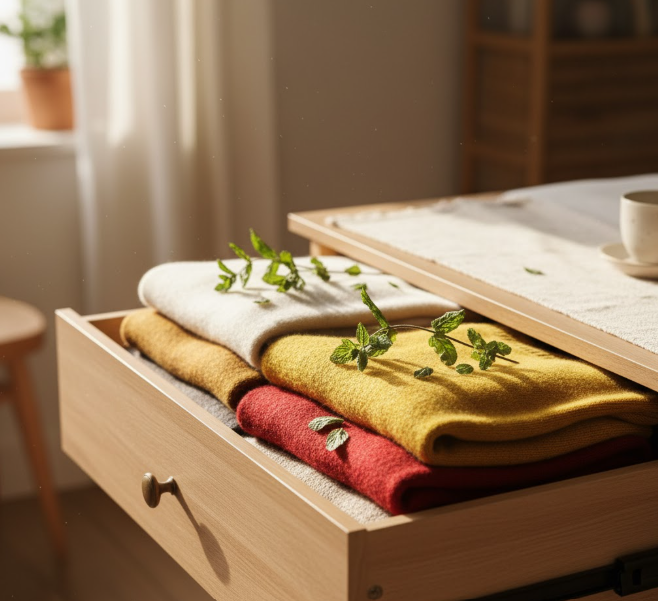 Tiroir ouvert avec des pulls en laine pliés et des brins de menthe fraîche posés dessus.