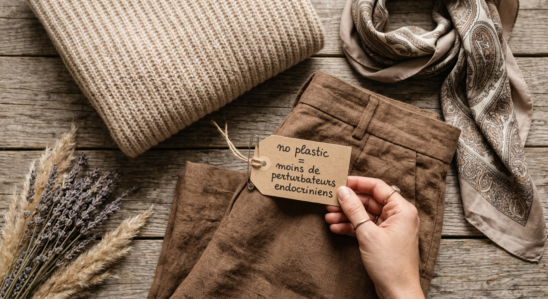 Flatlay d'une tenue d'automne en matières naturelles : pull en laine beige, pantalon en lin marron, écharpe en soie, et une étiquette artisanale 'no plastic = moins de perturbateurs endocriniens'. Focus sur la santé et le budget.