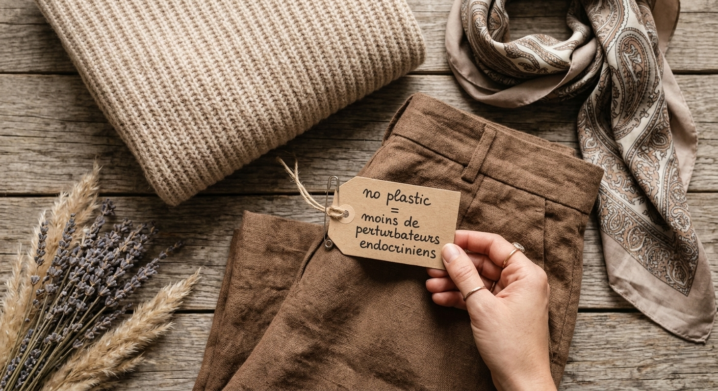 Flatlay d'une tenue d'automne en matières naturelles : pull en laine beige, pantalon en lin marron, écharpe en soie, et une étiquette artisanale 'no plastic = moins de perturbateurs endocriniens'. Focus sur la santé et le budget.