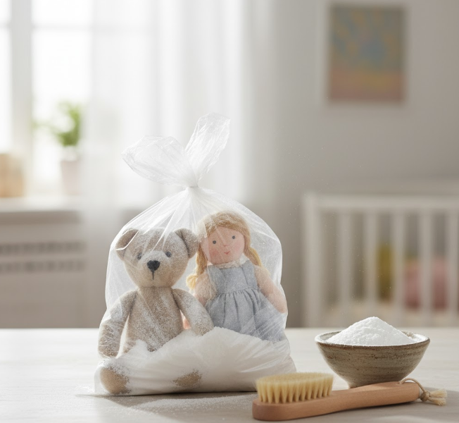 Sac transparent avec un ours en peluche et une poupée recouverts de poudre blanche de bicarbonate de soude. Bol de bicarbonate et brosse à côté.