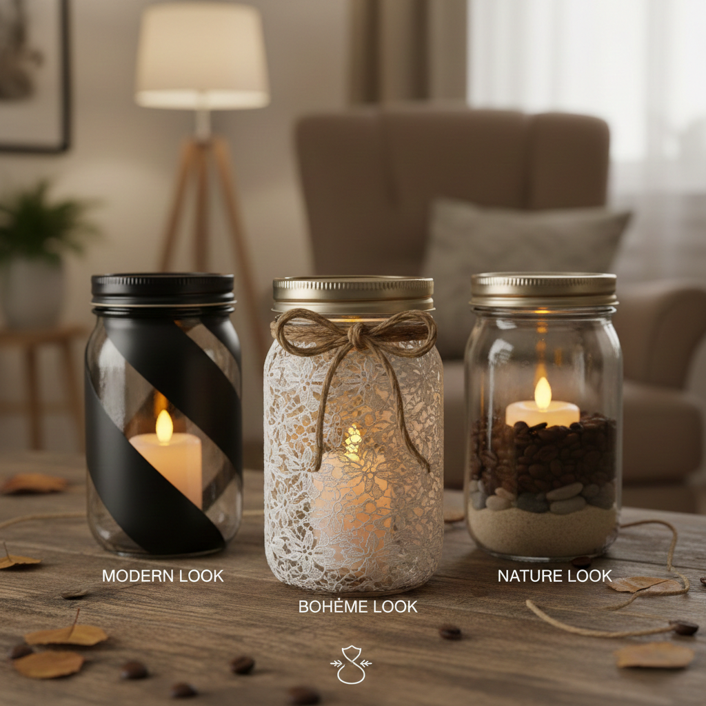 Trois pots Mason décorés en lanternes DIY : un modèle noir mat avec bandes transparentes, un modèle avec dentelle blanche et nœud en ficelle, et un modèle transparent rempli de grains de café et sable avec une bougie LED