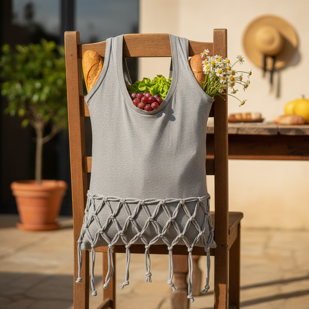 Processus de création d'un sac de marché DIY à partir d'un t-shirt en coton : découpe des anses et technique de nouage des franges au bas du sac pour une finition sans couture.