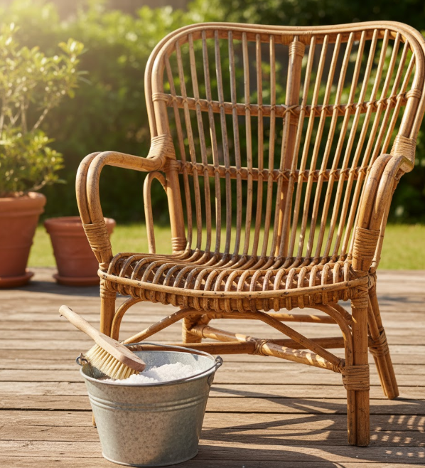 Fauteuil en rotin vintage partiellement nettoyé et brillant, avec un seau de sel et une brosse en bois.