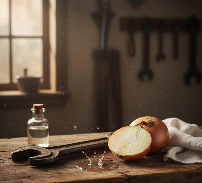 Vieille clé à molette rouillée sur une table en bois, avec un oignon coupé et une petite bouteille d'eau.