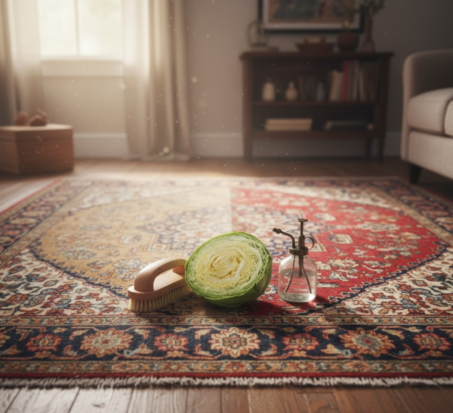 Tapis oriental coupé en deux : une partie terne, l'autre aux couleurs ravivées, avec un demi-chou et une brosse.