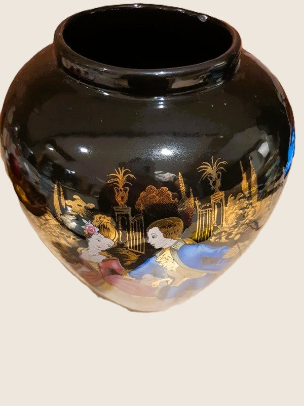 Vase de Collection Noir & Or – Scène Galante Rococo "Roméo & Juliette" 24 cm - LVR