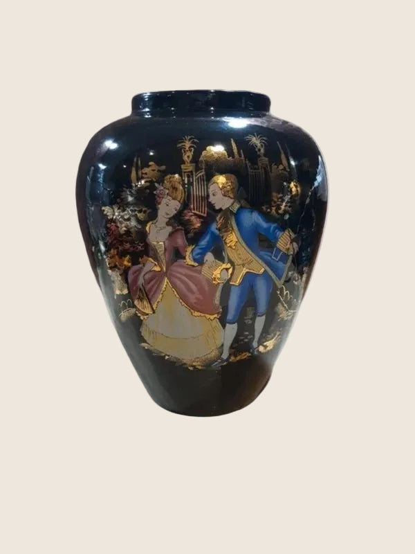 Vase de Collection Noir & Or – Scène Galante Rococo "Roméo & Juliette" 24 cm - LVR