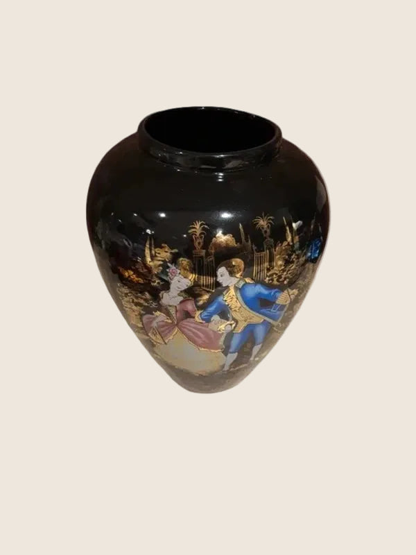 Vase de Collection Noir & Or – Scène Galante Rococo "Roméo & Juliette" 24 cm - LVR