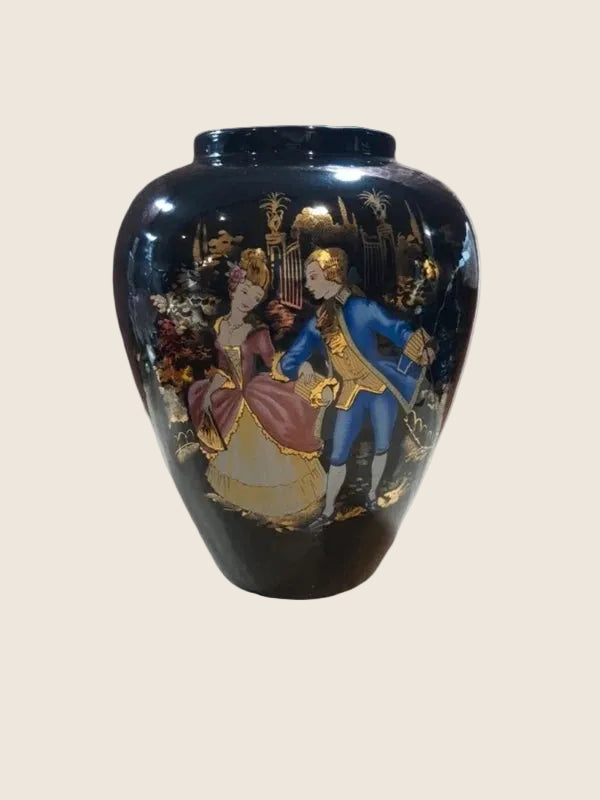 Vase de Collection Noir & Or – Scène Galante Rococo "Roméo & Juliette" 24 cm - LVR