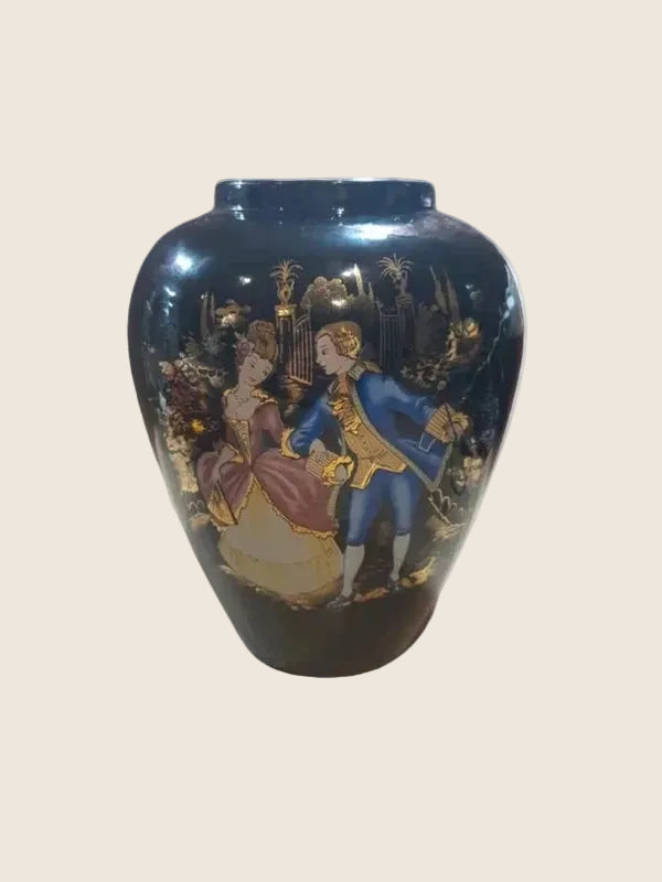 Vase de Collection Noir & Or – Scène Galante Rococo "Roméo & Juliette" 24 cm - LVR