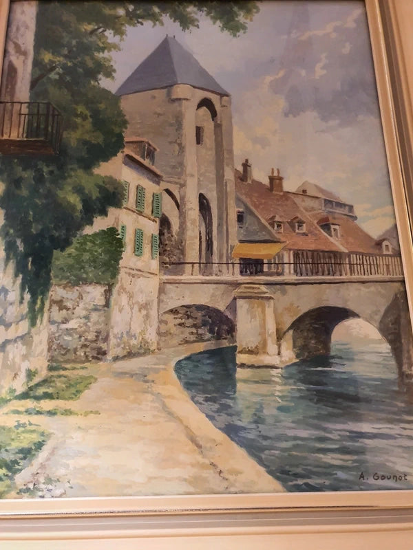 Tableau Vintage "Moret-sur-Loing" Signé A. Gounot - Paysage Bords du Loing - Encadré 47x38cm - LVR