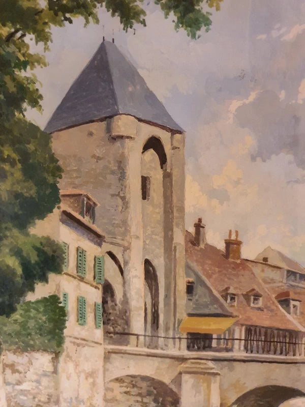 Tableau Vintage "Moret-sur-Loing" Signé A. Gounot - Paysage Bords du Loing - Encadré 47x38cm - LVR