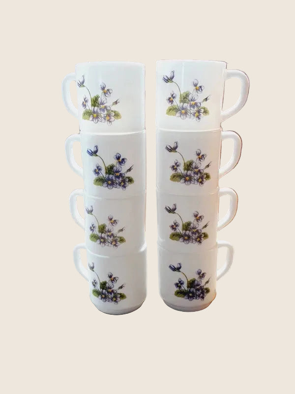 Lot de 8 Tasses Arcopal France – Collection "Violettes" – Vintage 70's - LVR