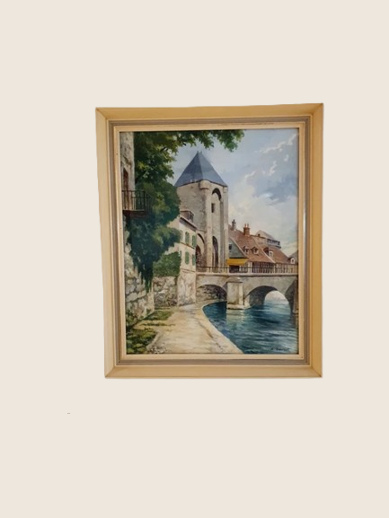 Tableau Vintage "Moret-sur-Loing" Signé A. Gounot - Paysage Bords du Loing - Encadré 47x38cm - LVR
