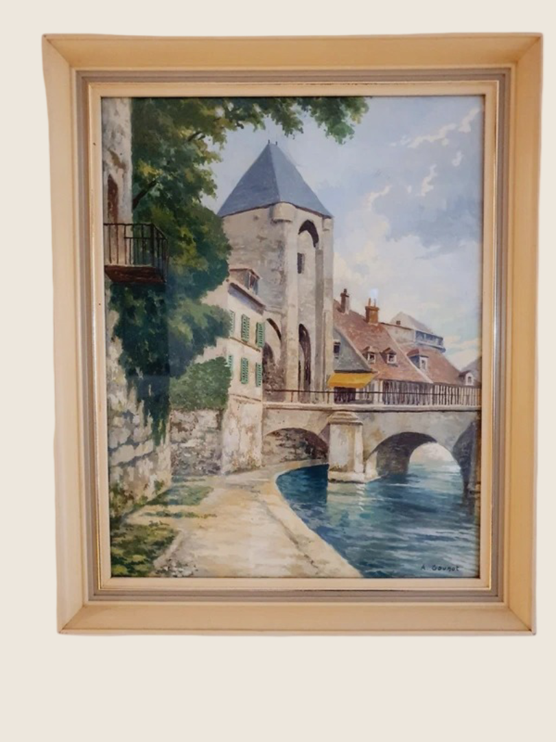 Tableau Vintage "Moret-sur-Loing" Signé A. Gounot - Paysage Bords du Loing - Encadré 47x38cm - LVR