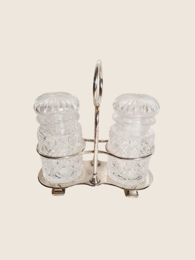 Serviteur à Condiments Art Déco – Métal Argenté & Verre Taillé – Vers 1930 - LVR