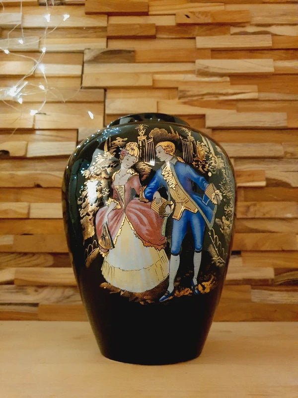 Vase de Collection Noir & Or – Scène Galante Rococo "Roméo & Juliette" 24 cm - LVR