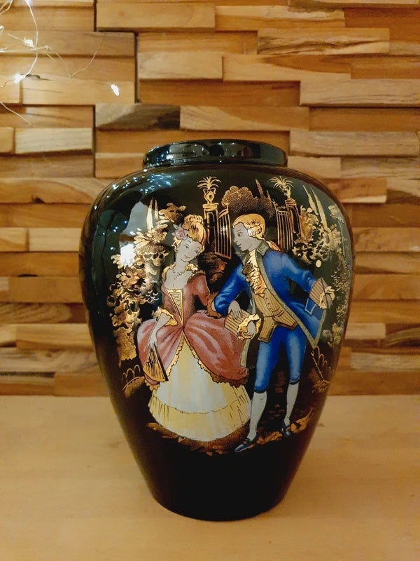 Vase de Collection Noir & Or – Scène Galante Rococo "Roméo & Juliette" 24 cm - LVR