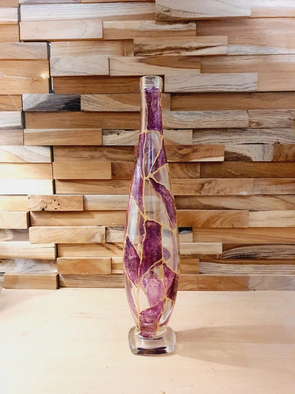 Bouteille d'Art en Verre Soufflé : Fuchsia & Or (Années 50-70) - LVR
