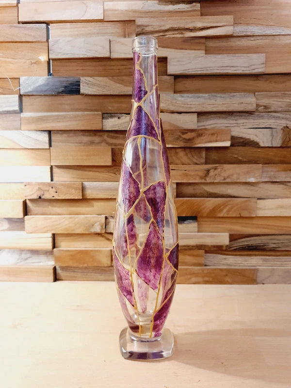 Bouteille d'Art en Verre Soufflé : Fuchsia & Or (Années 50-70) - LVR