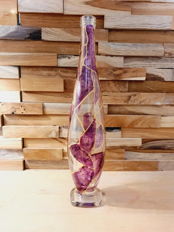 Bouteille d'Art en Verre Soufflé : Fuchsia & Or (Années 50-70) - LVR
