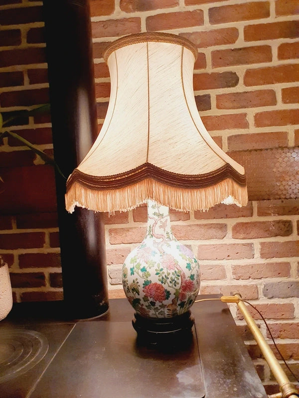 Grande Lampe Chinoiserie de Parquet : Porcelaine Famille Rose & Lin (50s-70s) 🌸