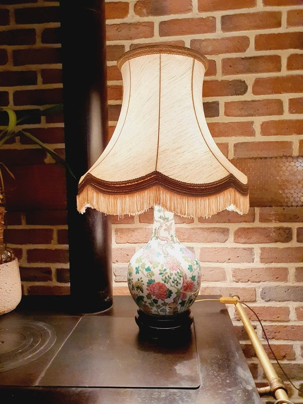 Grande Lampe Chinoiserie de Parquet : Porcelaine Famille Rose & Lin (50s-70s) 🌸