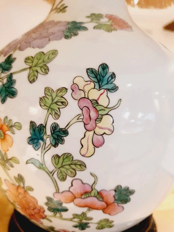 Grande Lampe Chinoiserie de Parquet : Porcelaine Famille Rose & Lin (50s-70s) 🌸