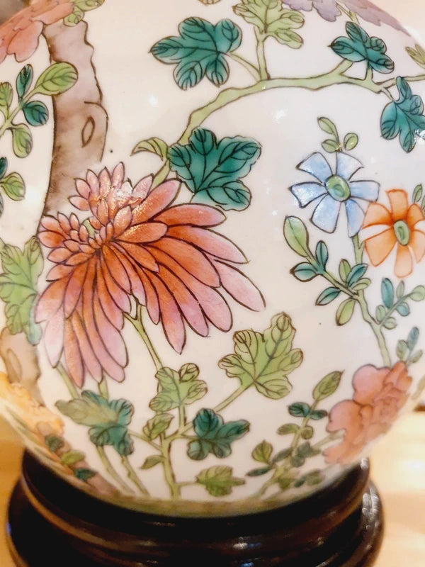 Grande Lampe Chinoiserie de Parquet : Porcelaine Famille Rose & Lin (50s-70s) 🌸