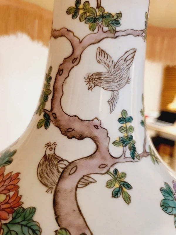 Grande Lampe Chinoiserie de Parquet : Porcelaine Famille Rose & Lin (50s-70s) 🌸
