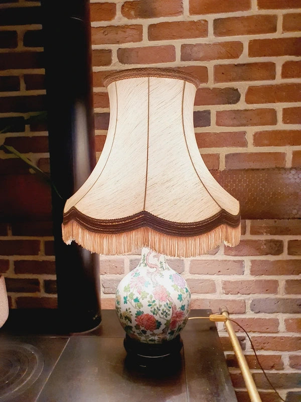 Grande Lampe Chinoiserie de Parquet : Porcelaine Famille Rose & Lin (50s-70s) 🌸