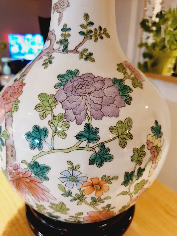 Grande Lampe Chinoiserie de Parquet : Porcelaine Famille Rose & Lin (50s-70s) 🌸