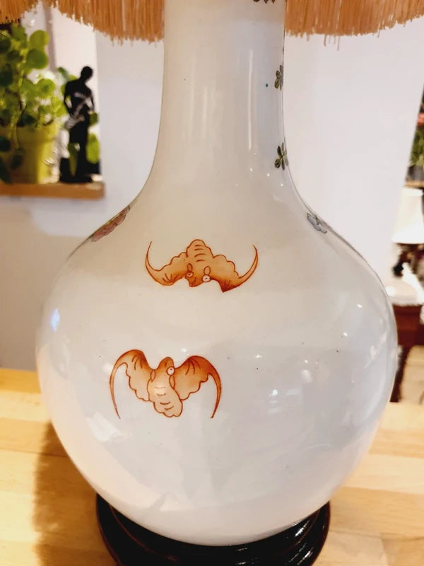 Grande Lampe Chinoiserie de Parquet : Porcelaine Famille Rose & Lin (50s-70s) 🌸